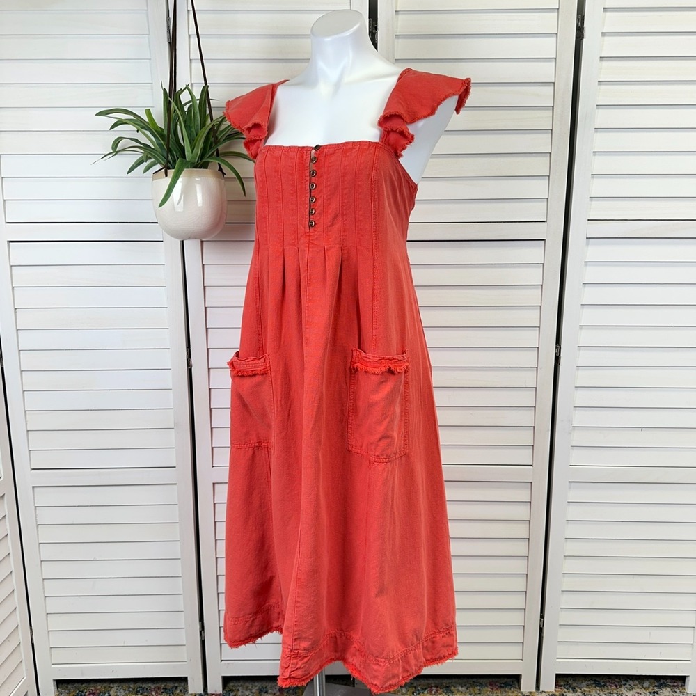 Anthropologie Pilcro S  Flutter Sleeve Midi Dress Cotton Linen Coral Red Raw Hem
